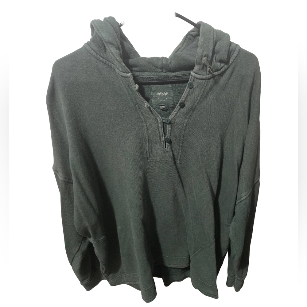 Aerie Beach Weekend Oversized Vintage Washed Green Hoodie Henley, Size Large